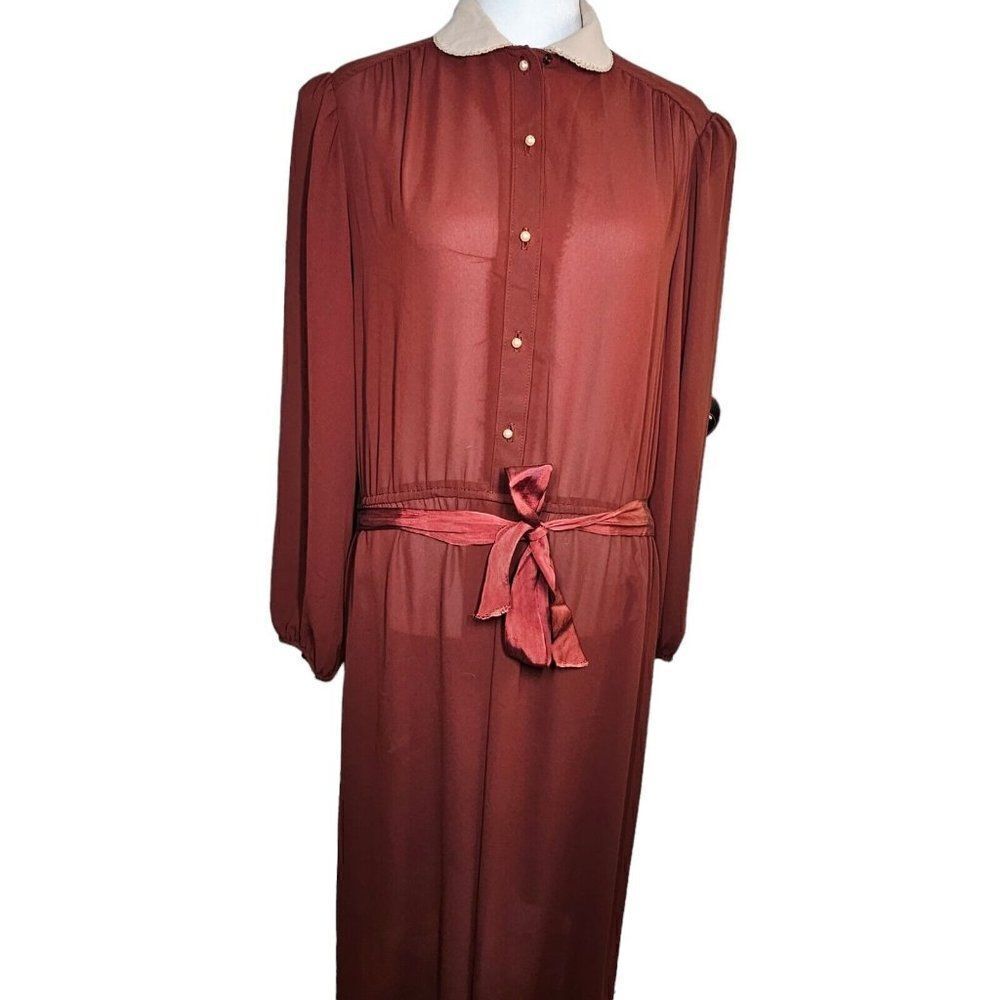 Vintage 80s Donna Morgan Shirt Dress Womens Size M Rust Brown Belted Secretary